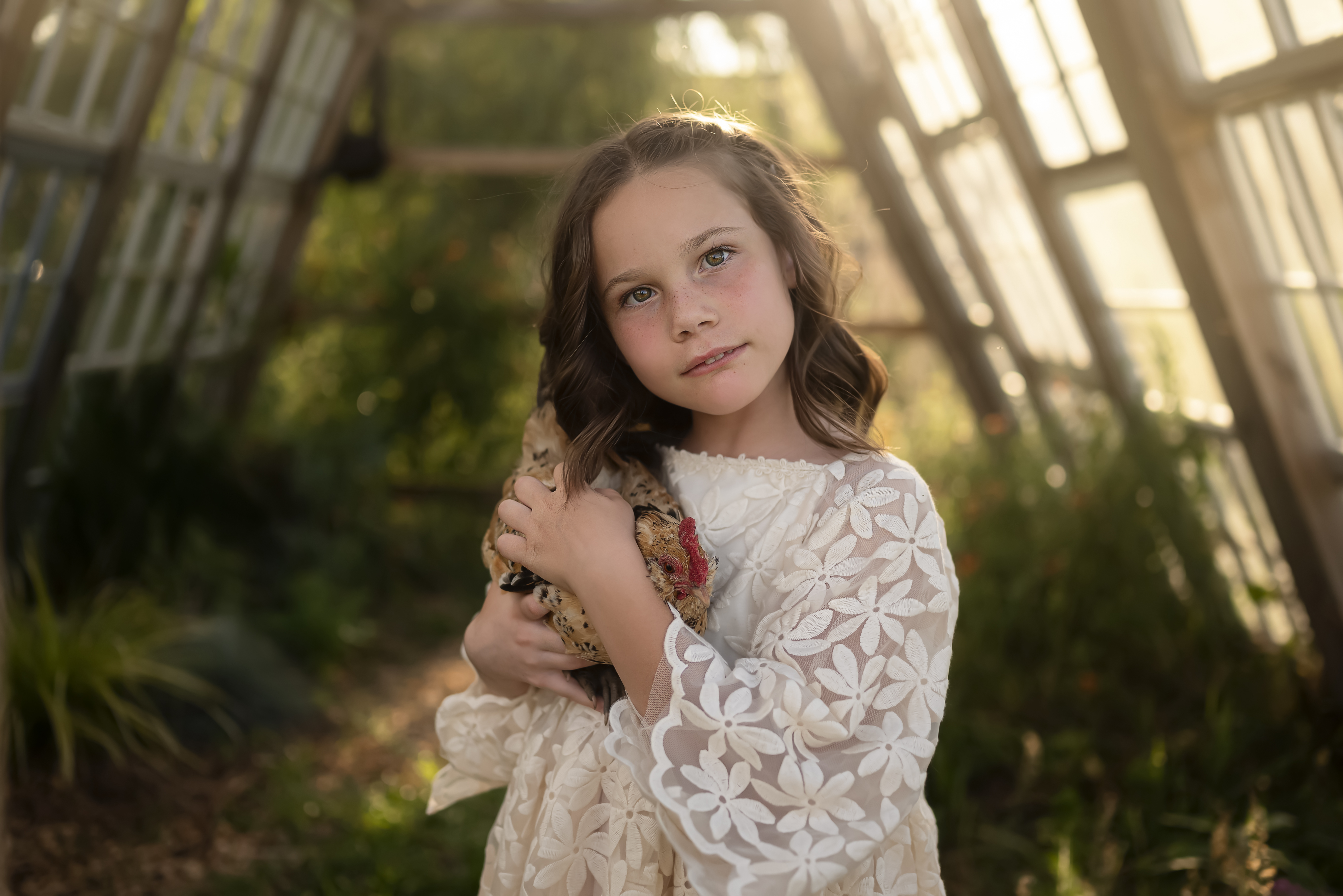 rustic portrait of little girl in a greenhouse holding a chicken in south carolina
